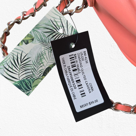 Badgley Mischka Coral Pink Quilted Diamond Pearl Crossbody Camera Bag Purse - Picture 6 of 11